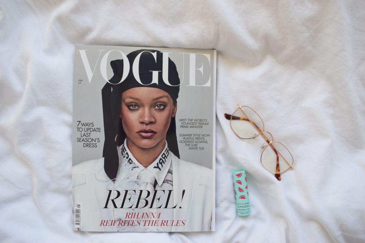 A photo of a Vogue cover featuring Rihanna