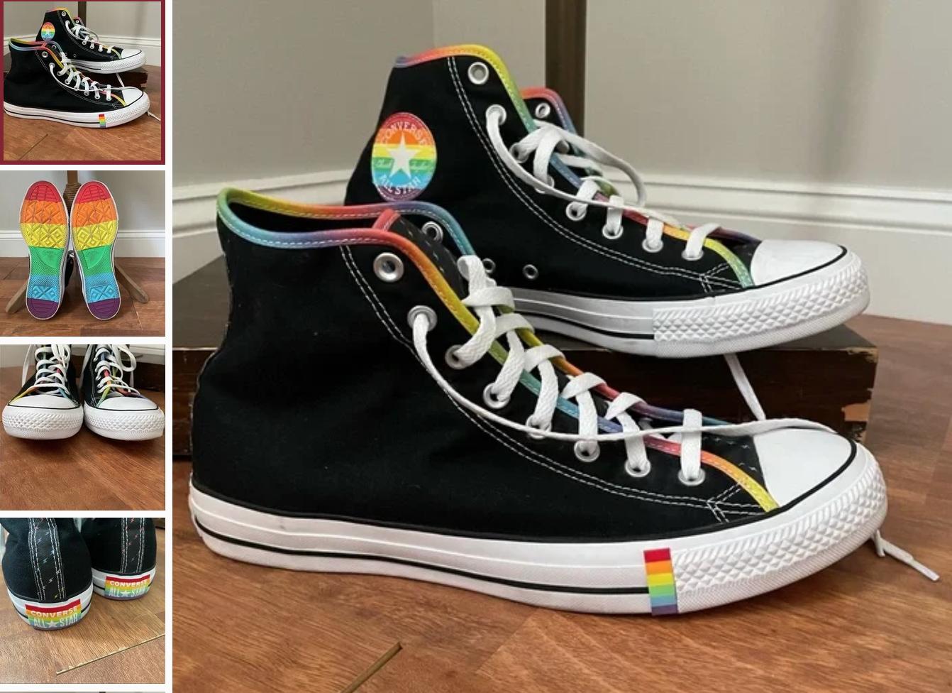 Black converse with rainbow pride accents.